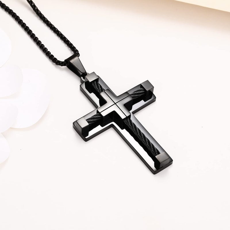 Yonhon Men's Cross Necklace for Men Black - Image 3